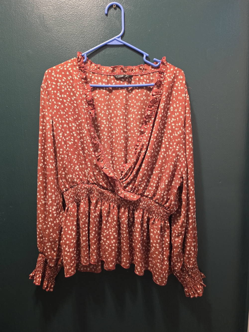 Womens Red Floral Wrap Blouse with Ruffle Trim